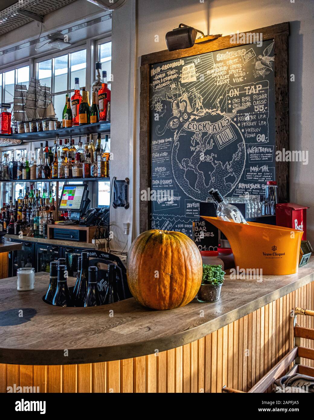Cafe Toldbod interior. Toldboden Harbour Eatery & Bar in Denmark, Copehagen Stock Photo