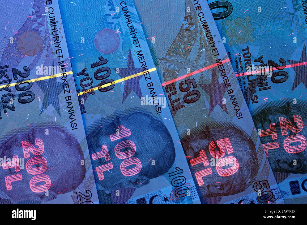 Turkish money lira in UV rays Stock Photo