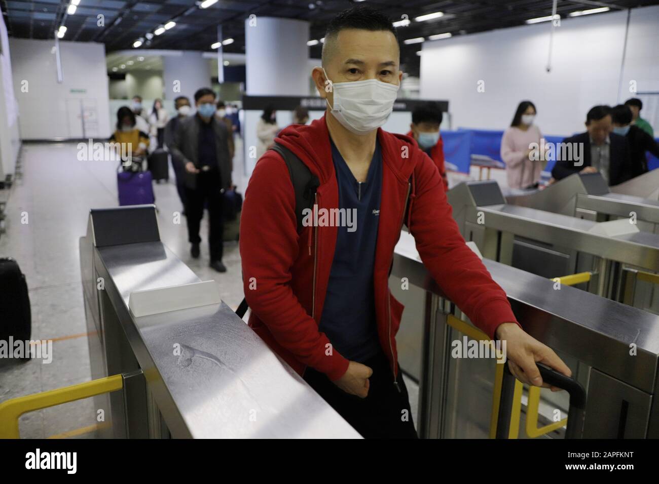 January 23, 2020, Hong Kong: Visitor from China Mainland exit from the gate at HIGH SPEED RAIL Hong Kong Terminal. An outbreak of new type of pneumonia associated with novel coronavirus have put Hong Kong on high alert, passengers from China Mainland are advised to wear masks to prevent germs from spreading on train and on aeroplane. Meanwhile PRC government have announced that all flights and trains leaving City of Wuhan, has been temporarily put to a halt, provincial citizens are not allowed to leave the plague-stricken City. Jan-23, 2020 Hong Kong.ZUMA/Liau Chung-ren (Credit Image: © Stock Photo