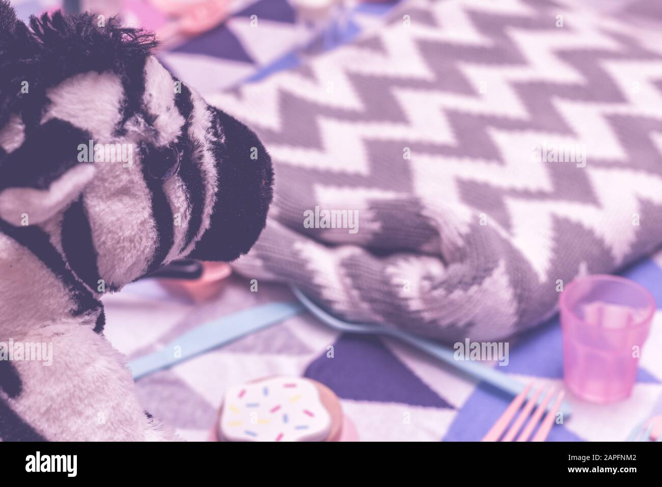Kids Play Make Believe Tea Party With Children S Toys And Tea Set In Bedroom Stock Photo Alamy