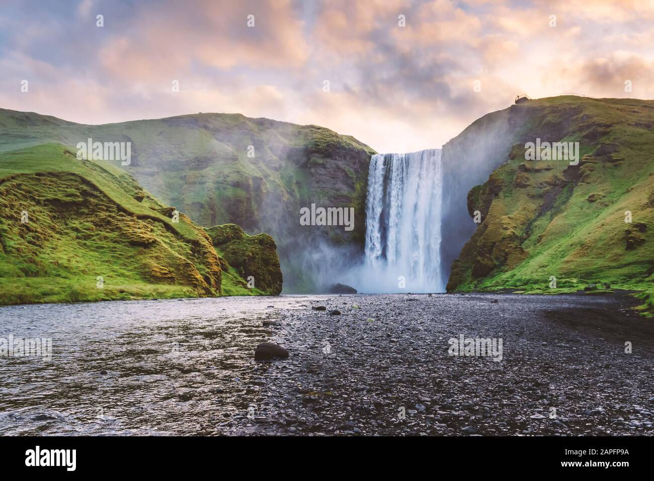 Famous Skogafoss waterfall on Skoga river in sunrise time. Iceland, Europe. Landscape photography Stock Photo