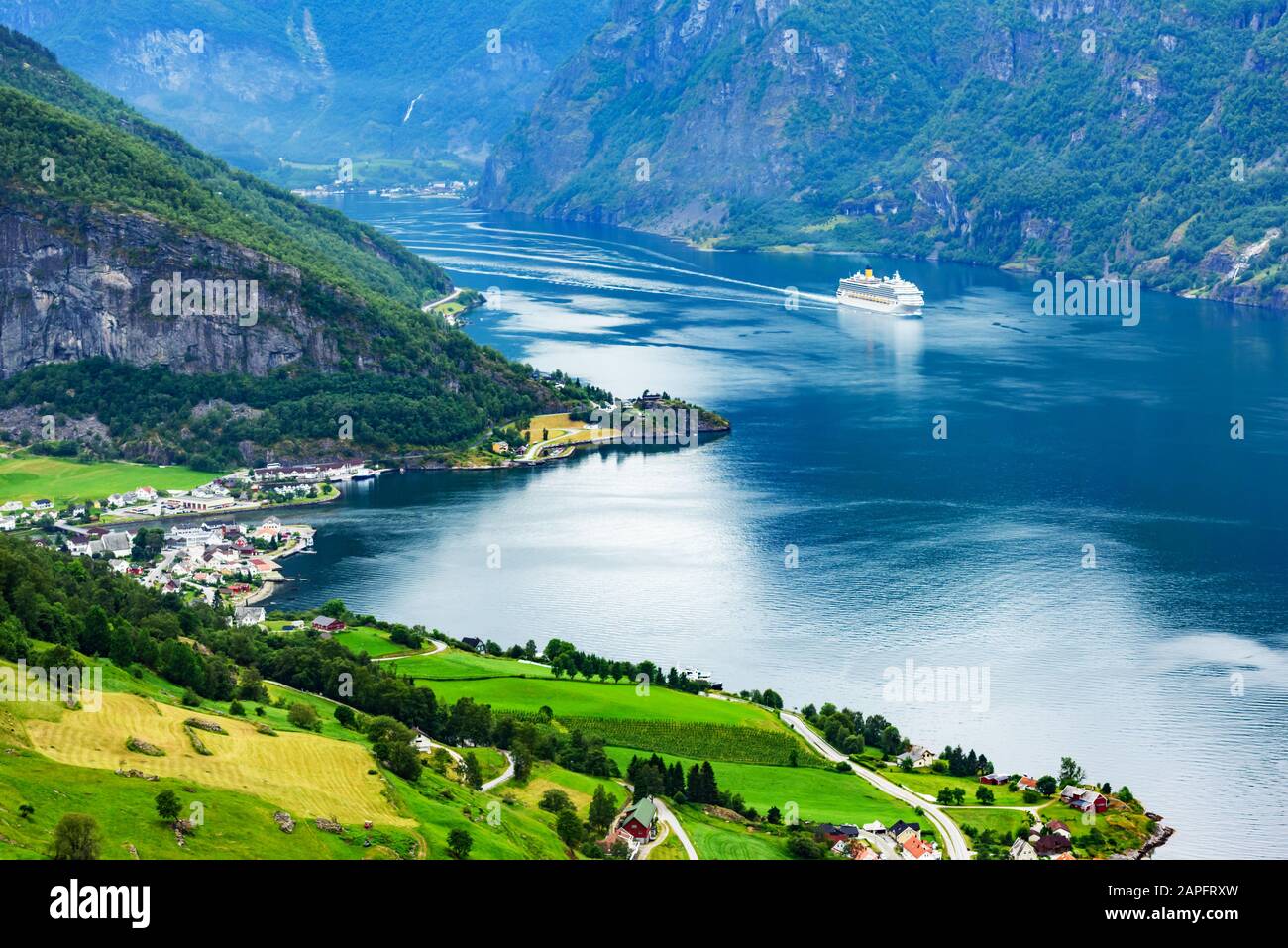 Breathtaking view of Sunnylvsfjorden fjord and cruise ship, near Geiranger village in western Norway. Landscape photography Stock Photo