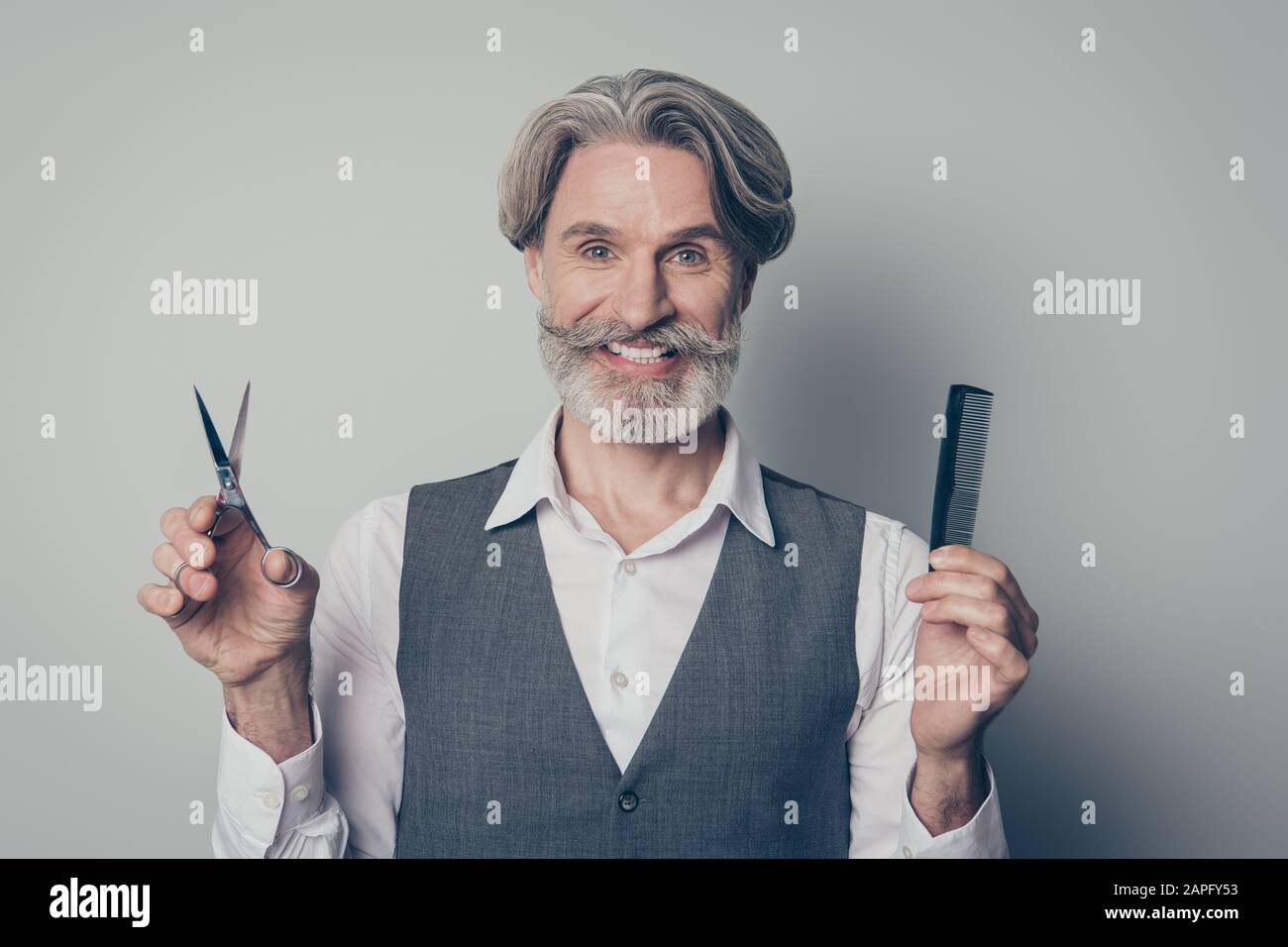 Close Up Photo Positive Old Man Entrepreneur Want Prepare Briefing