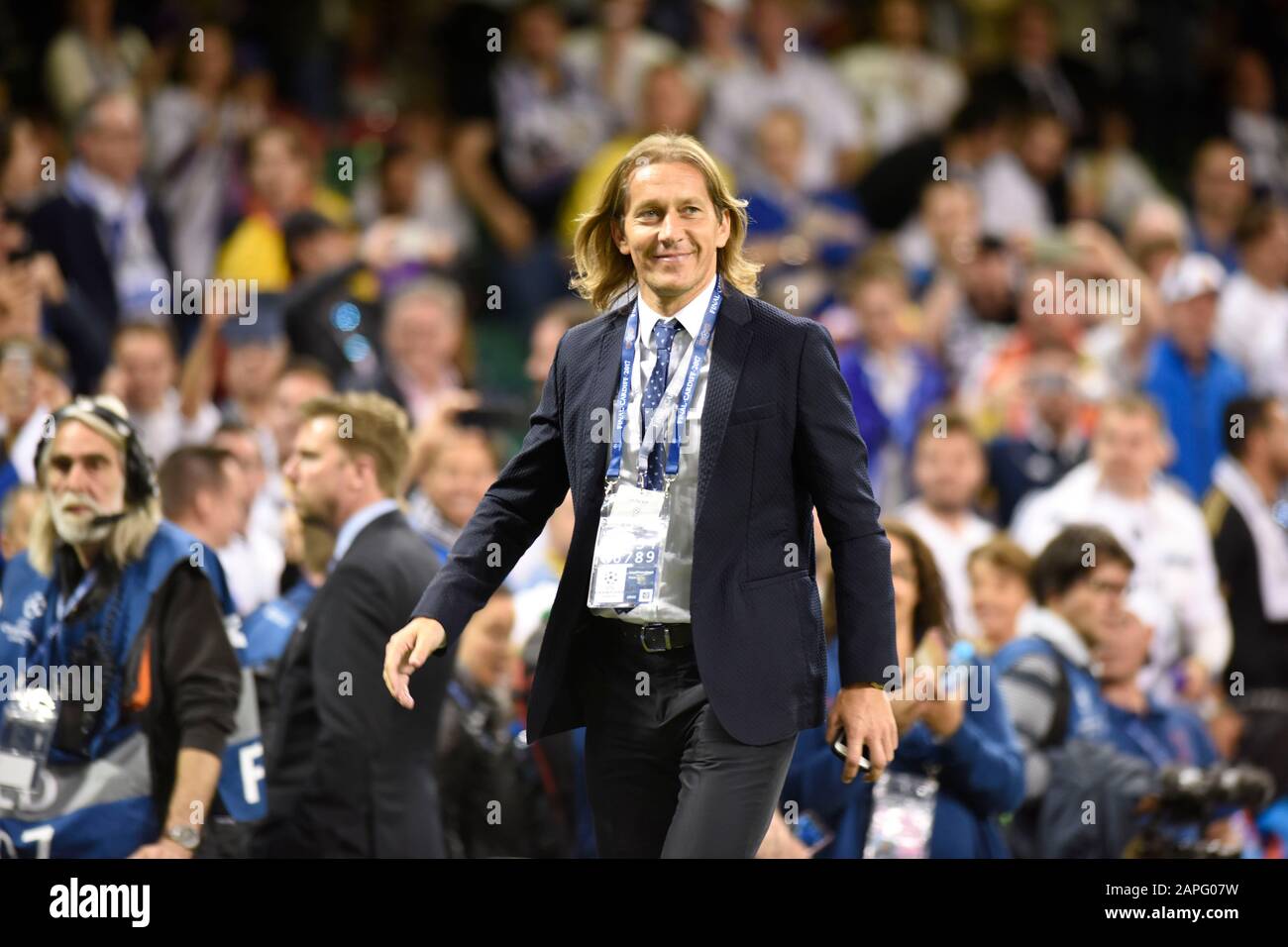 Former Real Madrid player Míchel Salgado at the UEFA Champions League Final between Juventus and Real Madrid CF at the National Stadium of Wales in Cardiff : Stock Photo