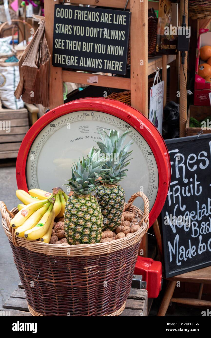 JESRSEY, CHANNEL ISLANDS JUNE 08, 2019 Basket of tropical fruit on