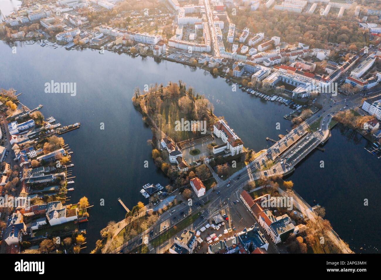 panorama drone photo of the Castle Island at Treptow-Kopenick Berlin Stock Photo