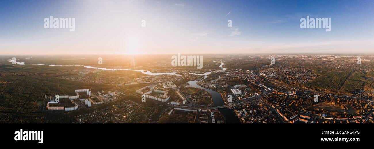 panorama drone photo of the old city Treptow-Kopenick Berlin at sunrise Stock Photo