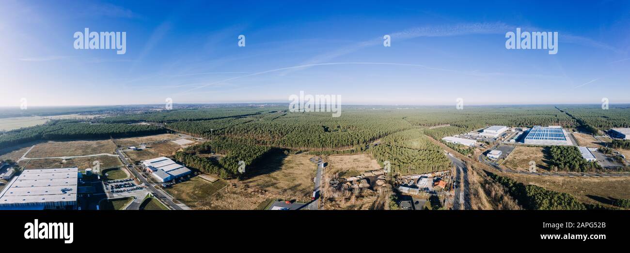drone photo of the forest of Grunheide, Berlin-Brandenburg, Tesla giga factory Stock Photo