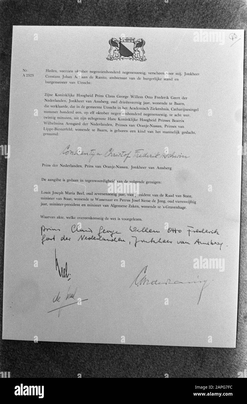 Claus makes names youngest prince known University Hospital Utrecht. The birth certificate prince Constantijn Christof Frederik Aschwin Date: 14 October 1969 Location: Utrecht Keywords: NAMES, birth certificates, princes Personal name: Claus, prince, Prince Constantijn Christof Frederik Aschwin Stock Photo