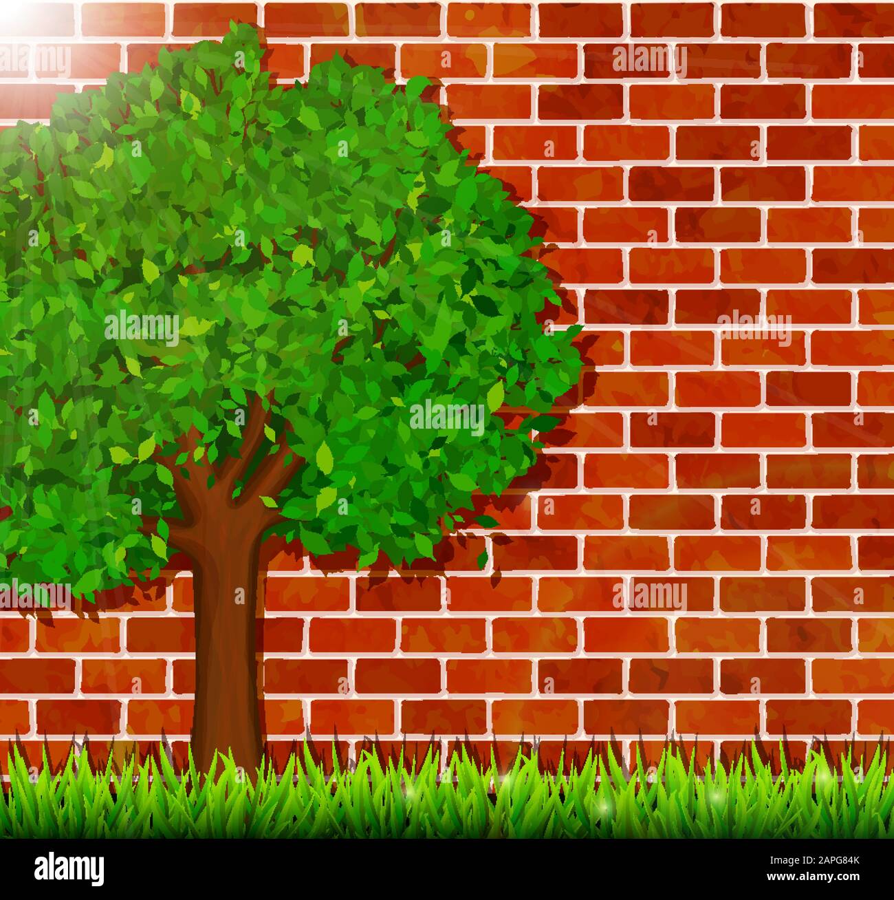 Summer background with green tree, grass and brick wall vector Stock Vector