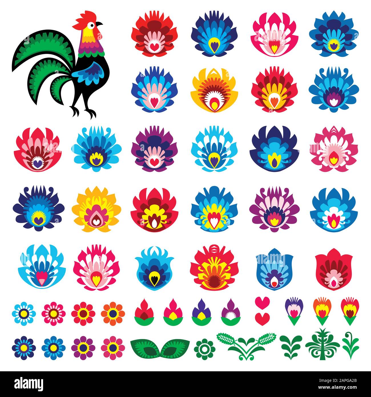 Polish folk art Wycinanki Lowickie vector design elements - flower, rooster, leaves. Perfect for textile patterns or greeting cards Stock Vector