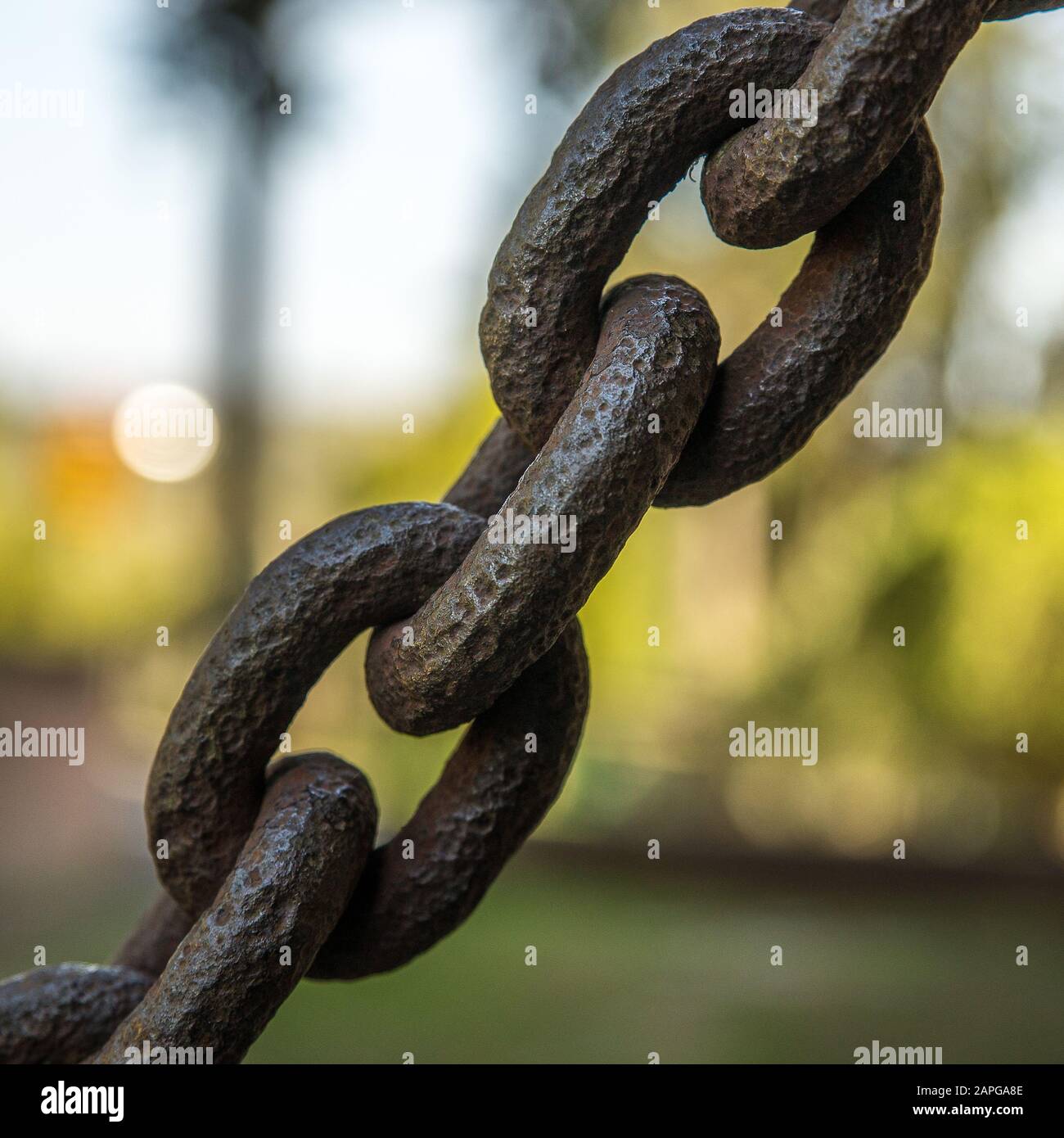 A closeup shot of a big dark iron chain with a blurred background ...