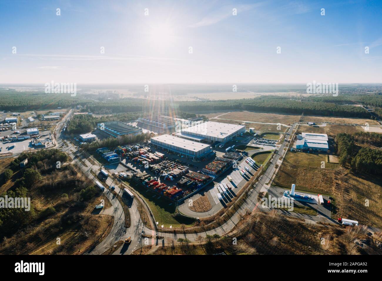 drone photo of the industrial area of Gruenheide, Berlin Brandenburg Stock Photo