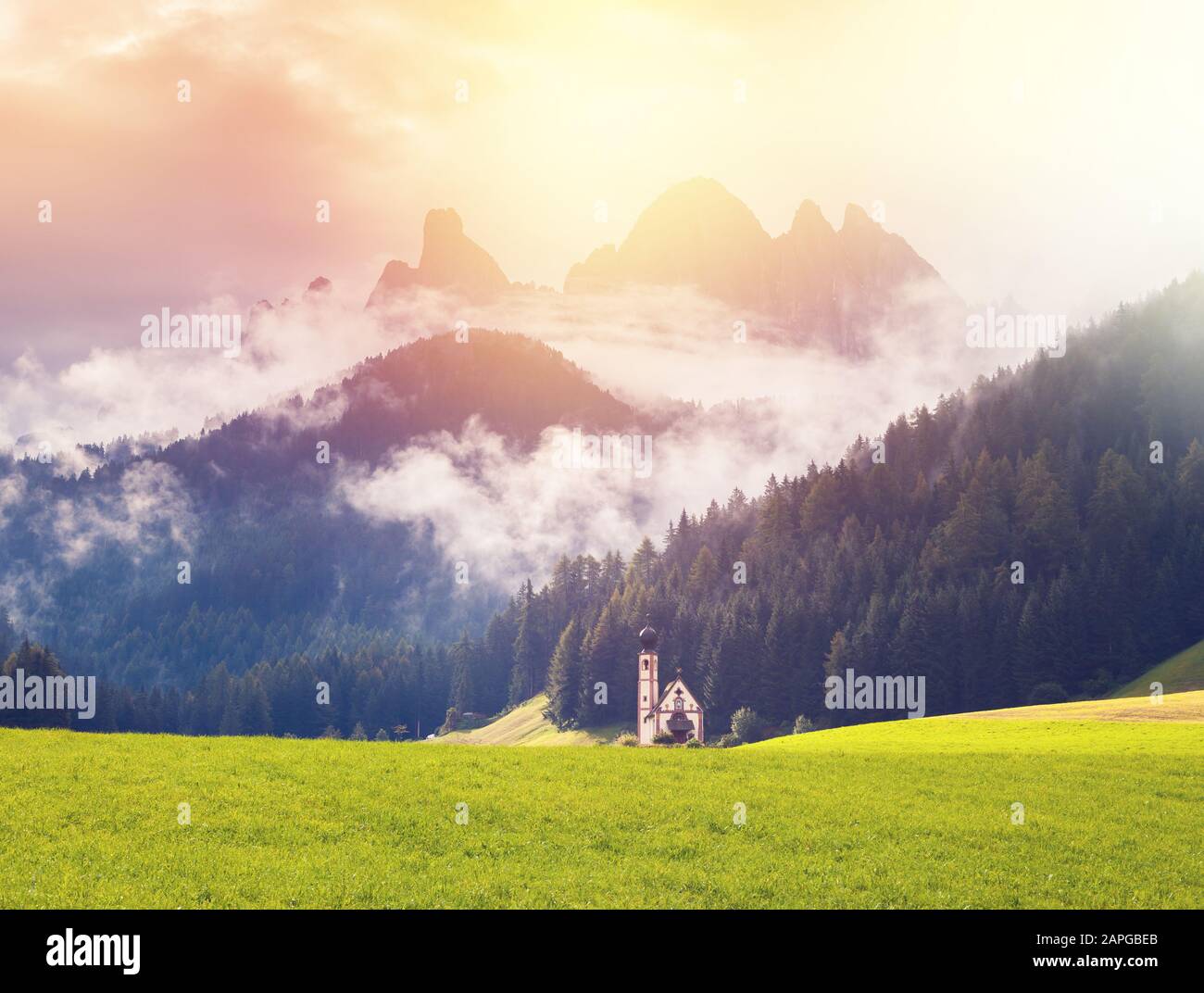 View of the Santa Maddalena in the National Park Puez Odle (Val di Funes) Dolomites. Location Italy, Europe. Beauty world. Stock Photo