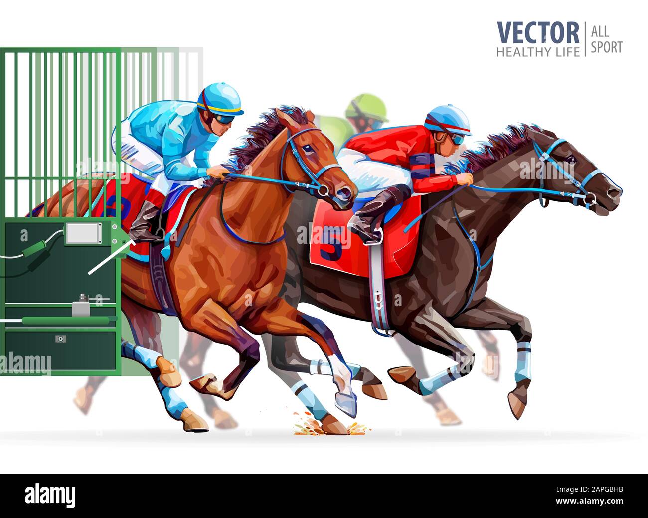 Three racing horses competing with each other. Start gates for horse