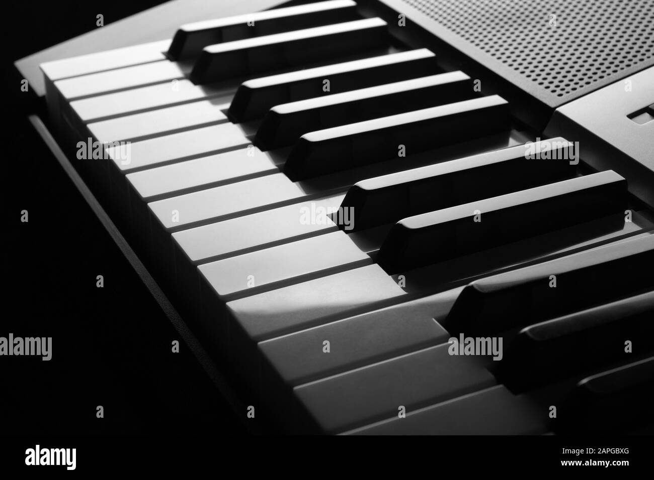 closeup view of electronic synthesizer piano keys horizontal black and white photo ready for music shops posters advertising booklets business car stock photo alamy