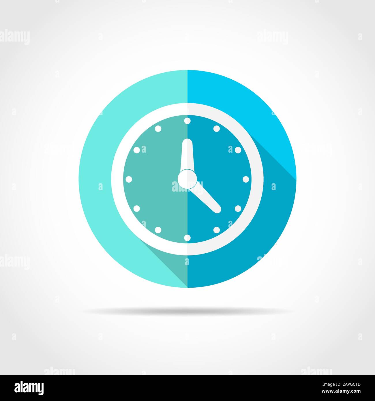 White clock in flat design with long shadow. Vector illustration. Simple clock icon on blue round button Stock Vector