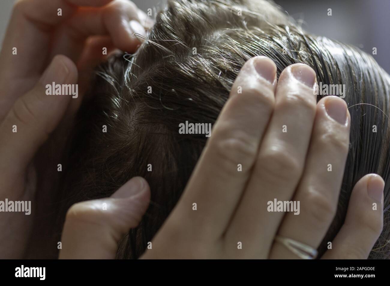 A Closeup Of A Mother Checking The Hair Of Her Daughter Against