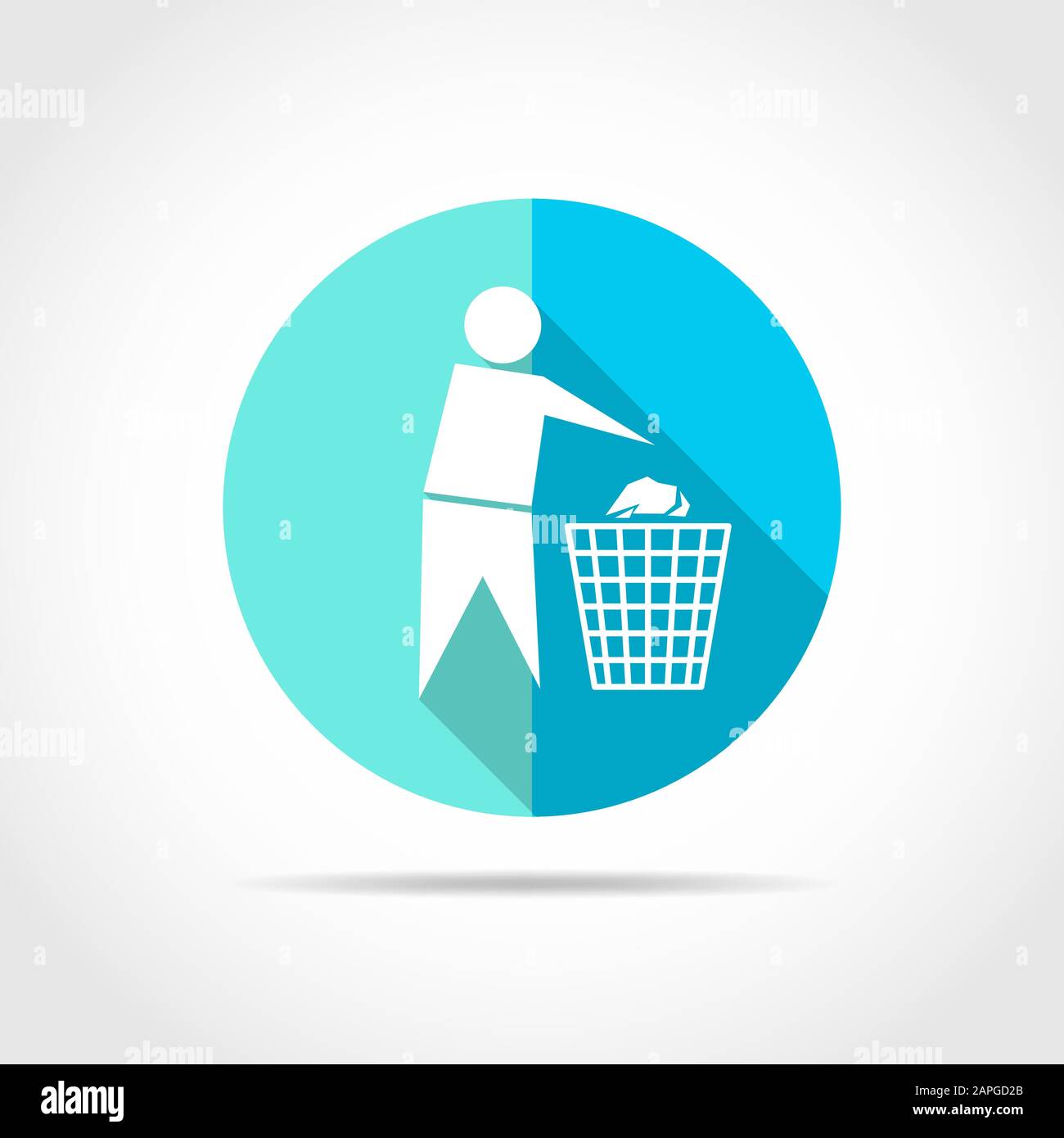 White Trash and man sign in flat design with long shadow. Vector illustration. Simple recycling icon on blue round button. Stock Vector
