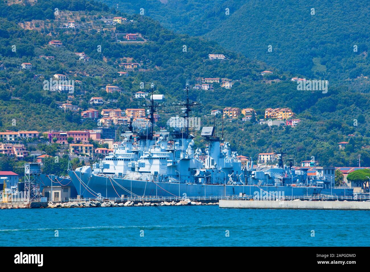 Italy, Liguria - Italy Navy Ship in Port of La Spezia. Stock Photo