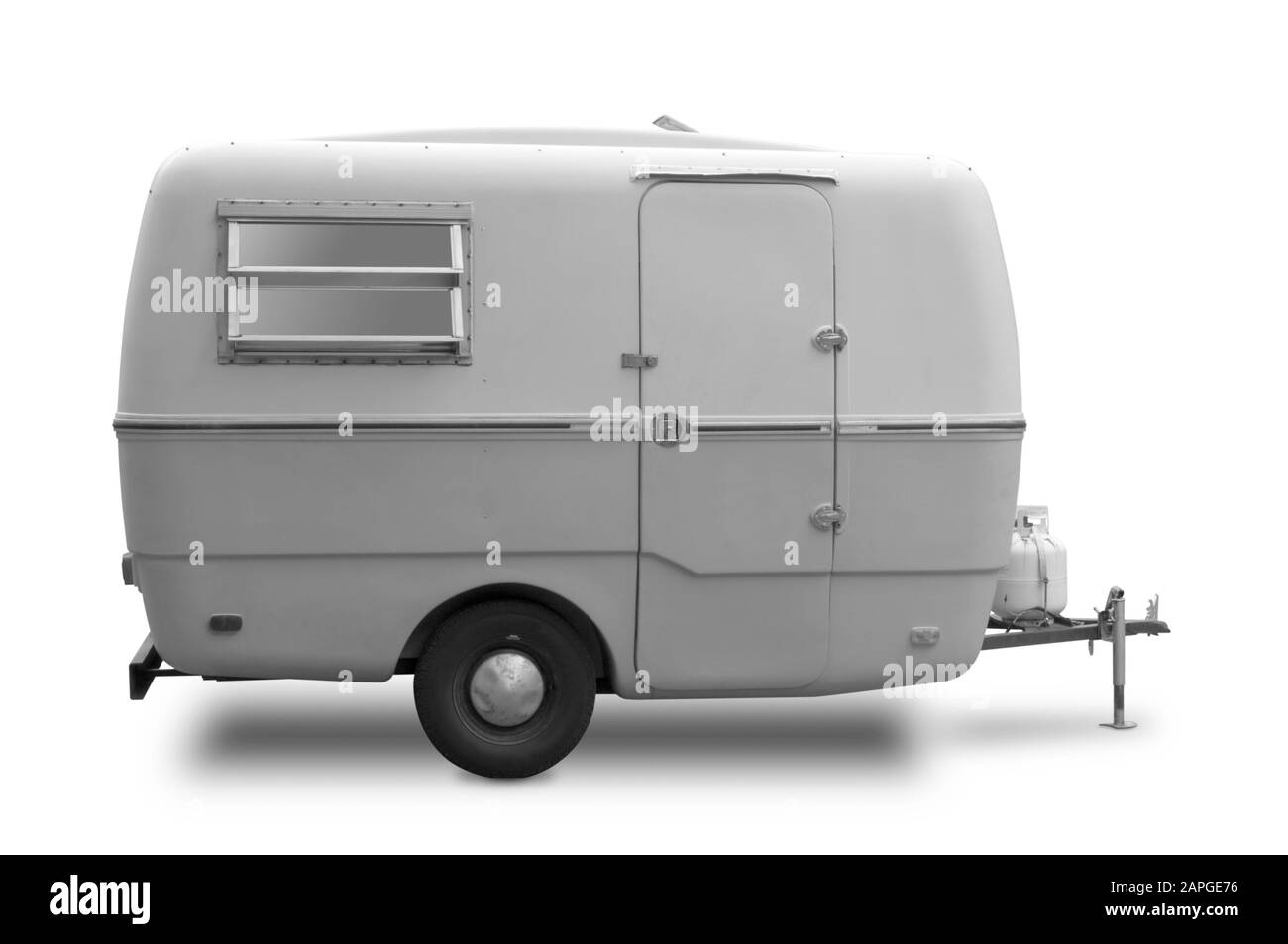 Illustration of a grey mini RV trailer under the lights against a white background Stock Photo
