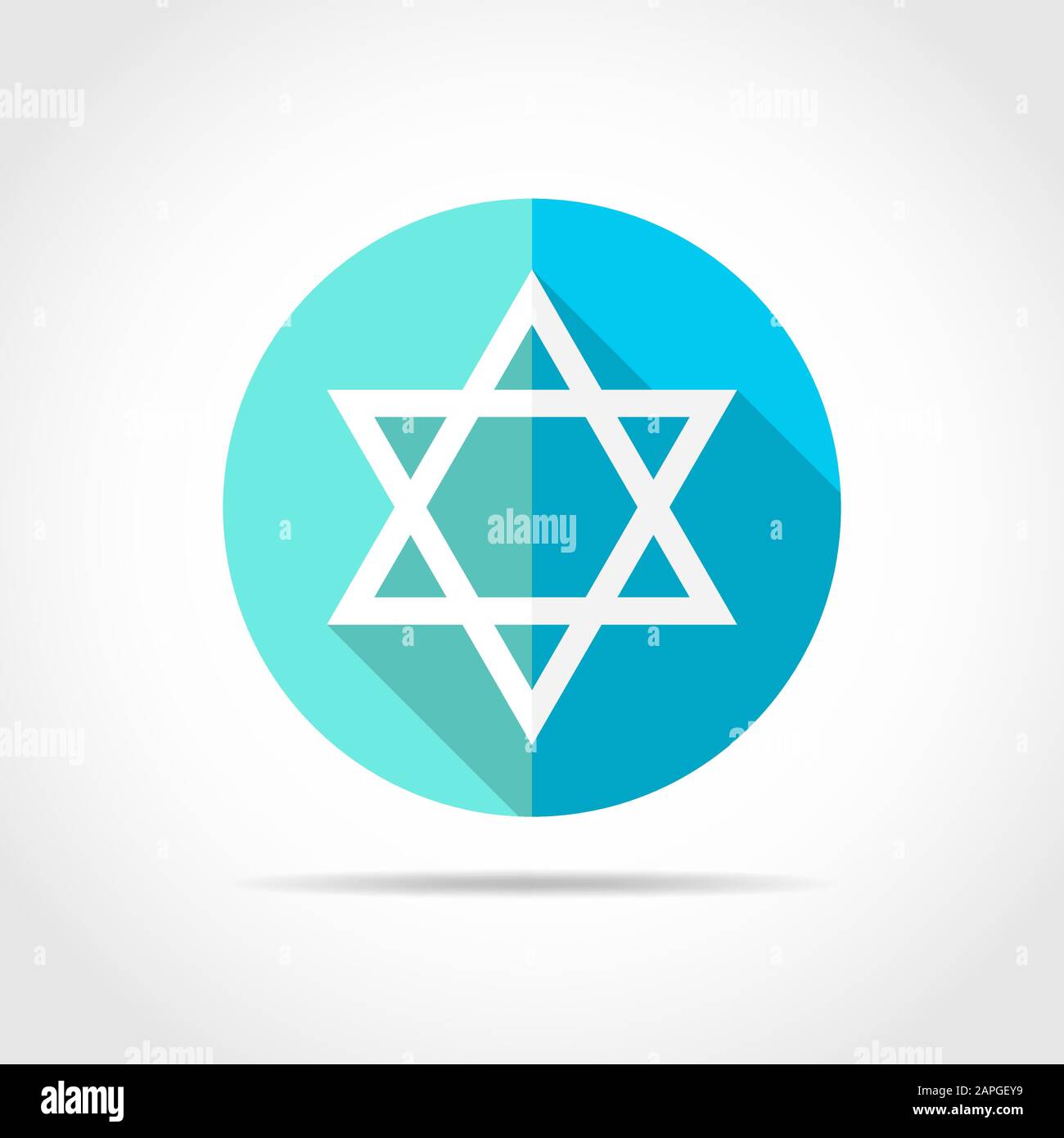 White star of David in flat design with long shadow. Vector illustration. Simple star of David on blue round button. Stock Vector