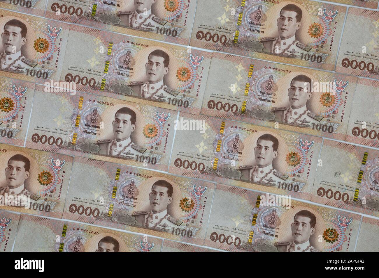 BANGKOK/THAILAND - 23th Jan, 2020 : Stacks New Thailand money bank note value 1000 baht. Stock Photo