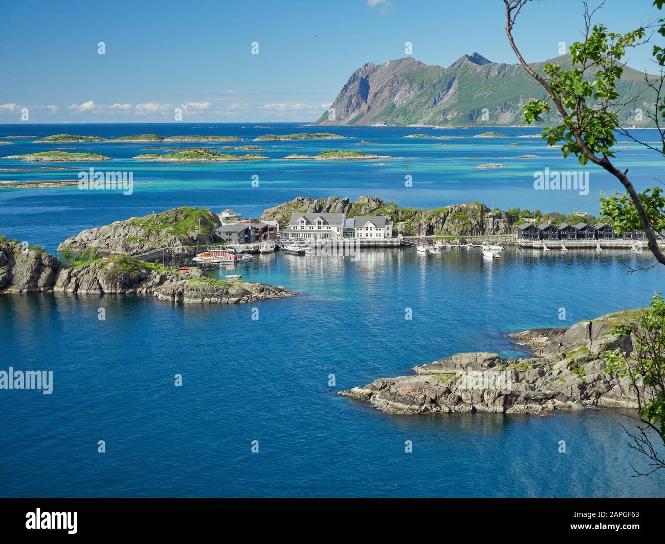 Fjord seascape view at the famous tourist attraction Hamn Village, Senja island, Troms county - Norway Stock Photo