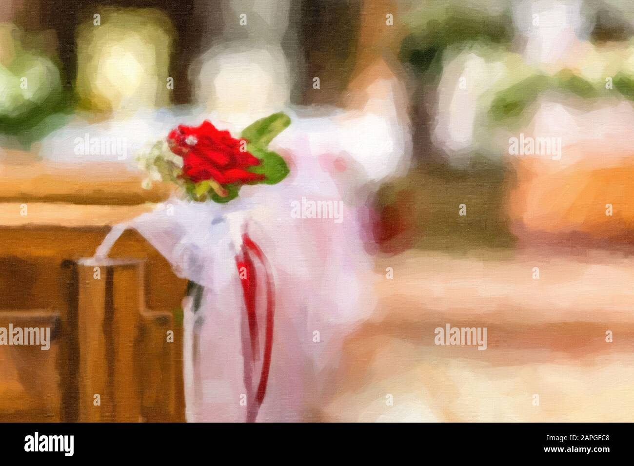 illustration of flowers decorating the benches of a Catholic Church Stock Photo