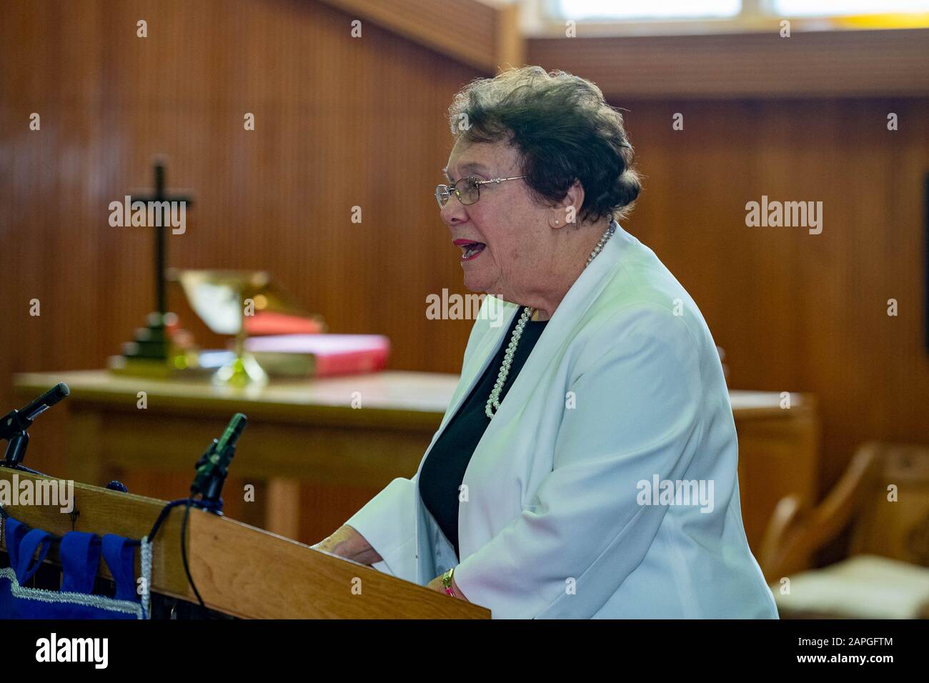Brentwood Essex, UK. 23rd Jan, 2020. A public meeting commemorating the 75th anniversary of the liveration of Auschwitz-Birkenau with spekaer Susie Barnett BEM a Holocaust survivor, held at Brentwood United Reformed Church Brentwood Essex Credit: Ian Davidson/Alamy Live News Stock Photo