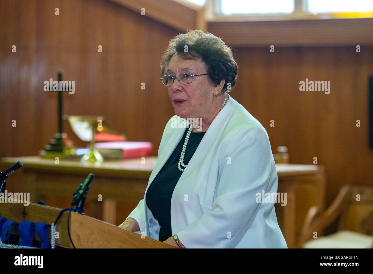 Brentwood Essex, UK. 23rd Jan, 2020. A public meeting commemorating the 75th anniversary of the liveration of Auschwitz-Birkenau with speaker Susie Barnett BEM a Holocaust survivor, held at Brentwood United Reformed Church Brentwood Essex Credit: Ian Davidson/Alamy Live News Stock Photo