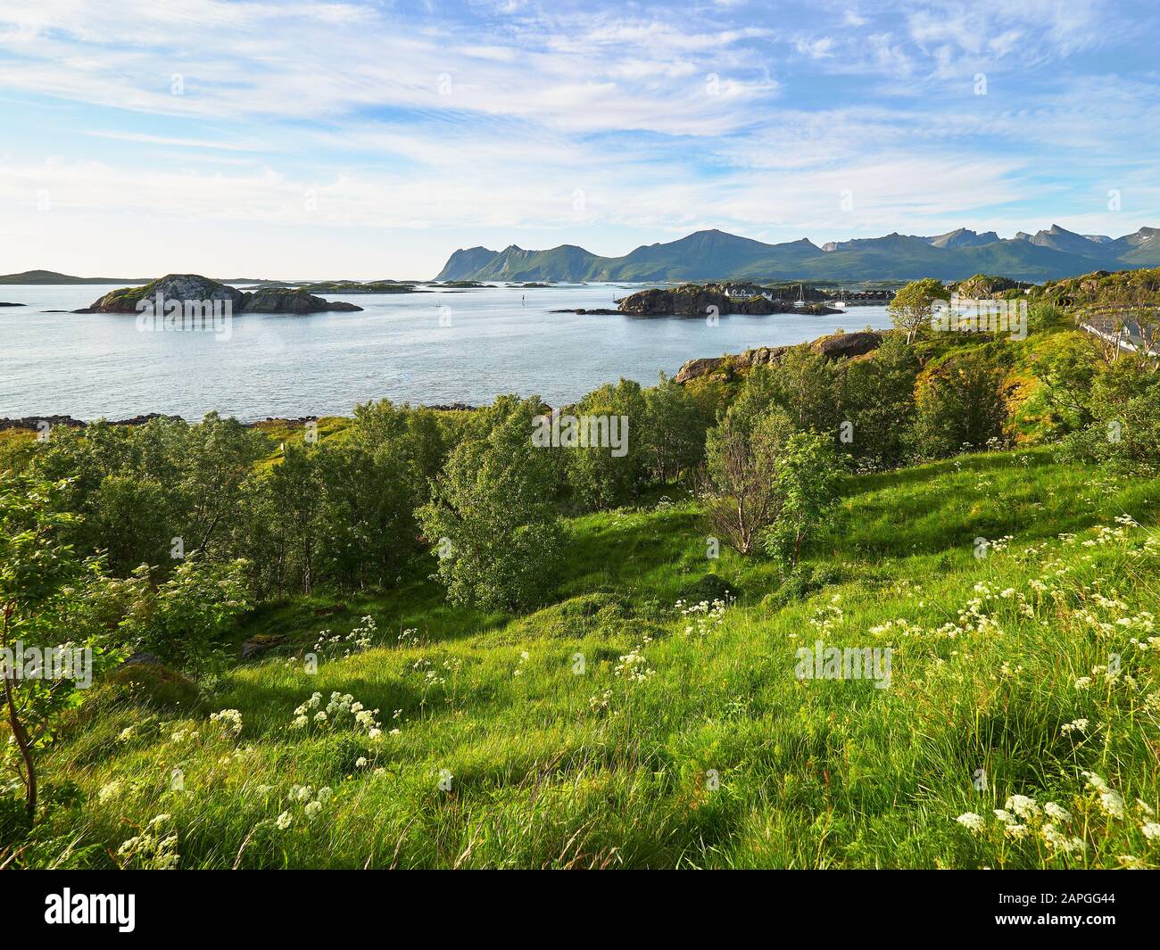Fjord seascape view at the famous tourist attraction Hamn Village, Senja island, Troms county - Norway Stock Photo