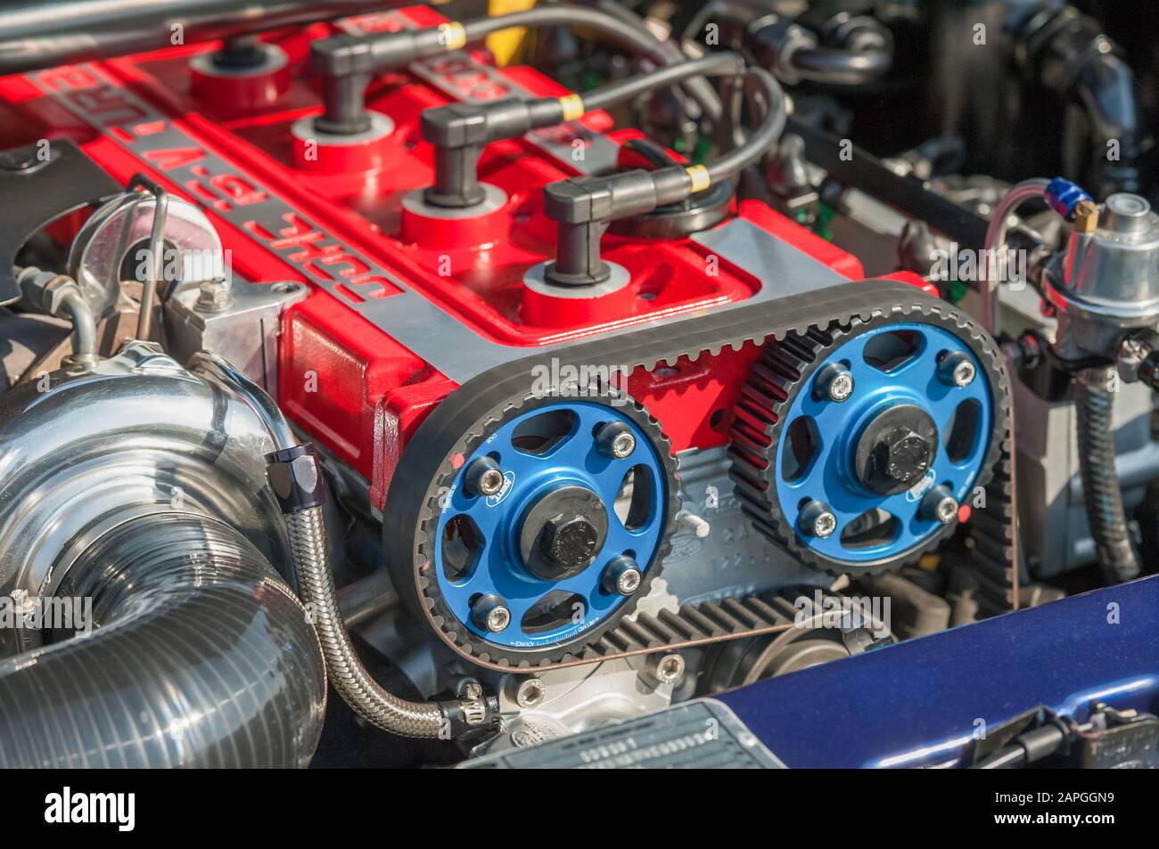 Closeup of engine block and double overhead cambelt on a performance automobile in Rushmoor, UK - April 19, 2019 Stock Photo