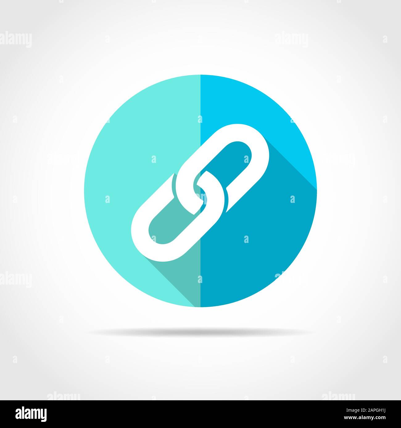 White link in flat design with long shadow. Vector illustration. Simple link icon on blue round button. Stock Vector