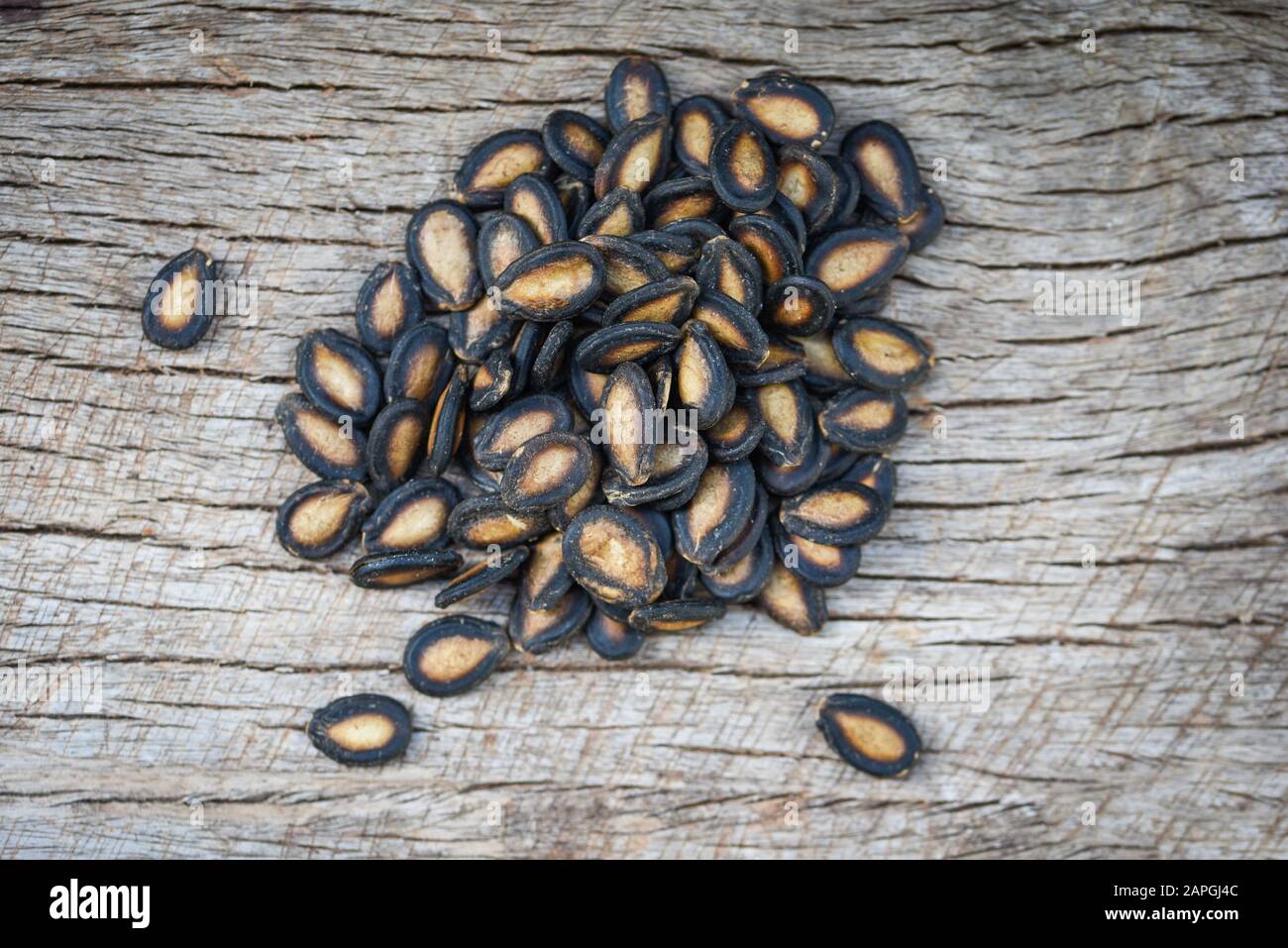 watermelon seeds on wood background / close up dried watermelon seed
