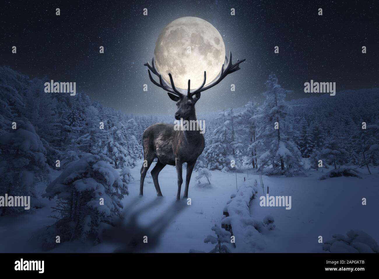 Big mighty deer with a full moon over the antlers on a cold winter