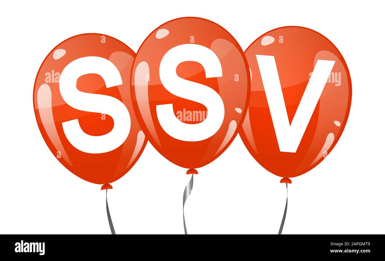 three red colored flying balloons with text SSV Stock Vector
