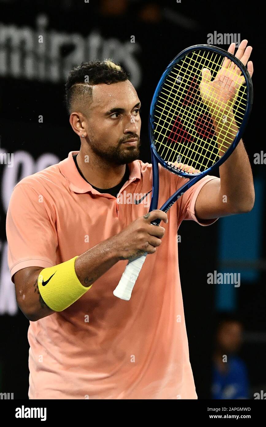 Melbourne, Australia. 23rd Jan, 2020. Nick Kyrgios reacts during the men's  singles 2nd round match between Nick Kyrgios of Australia and Gilles Simon  of France at the 2020 Australian Open tennis tournament