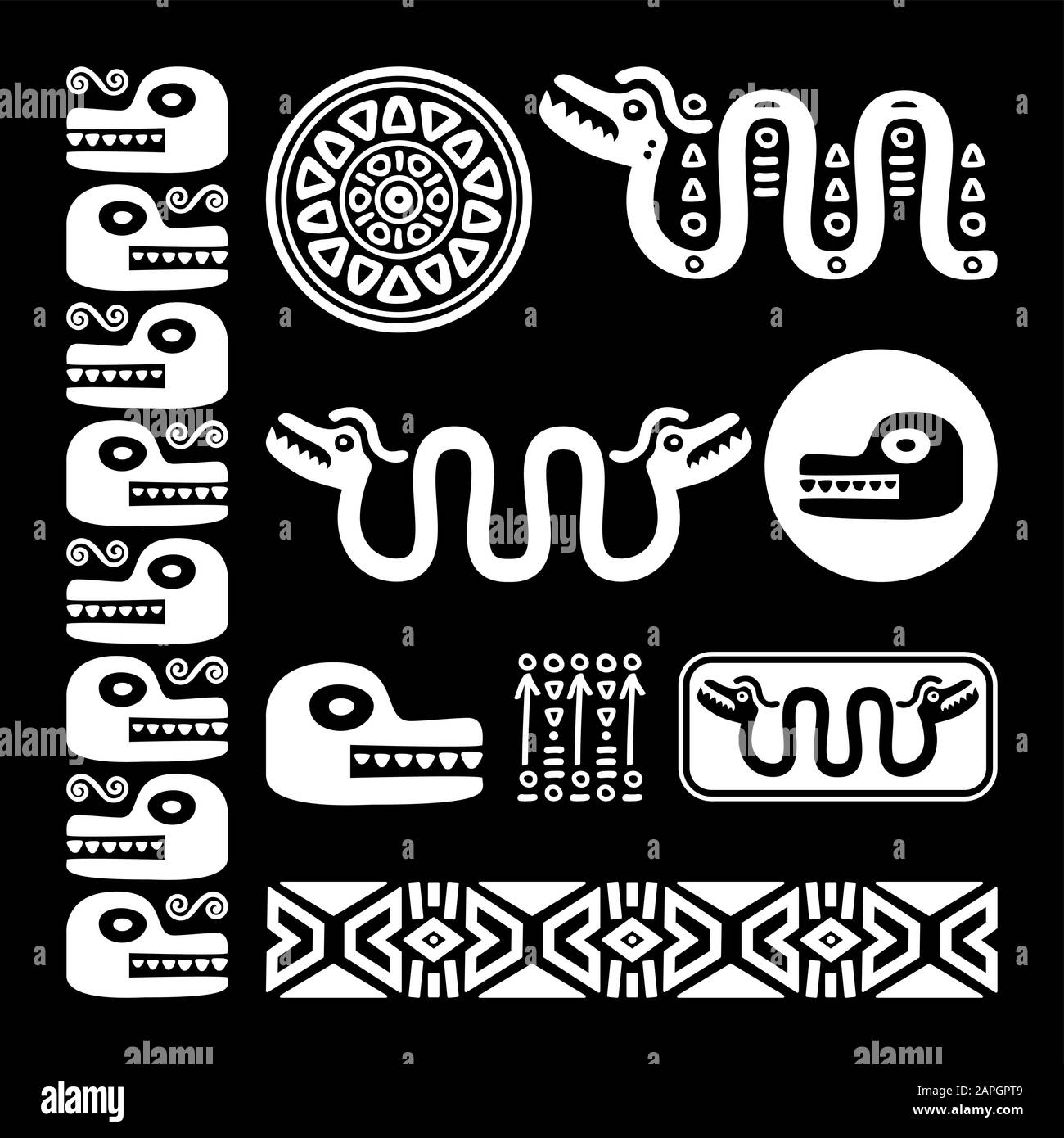Aztec animals, Mayan snake, ancient Mexican vector design set in white on black background Stock Vector