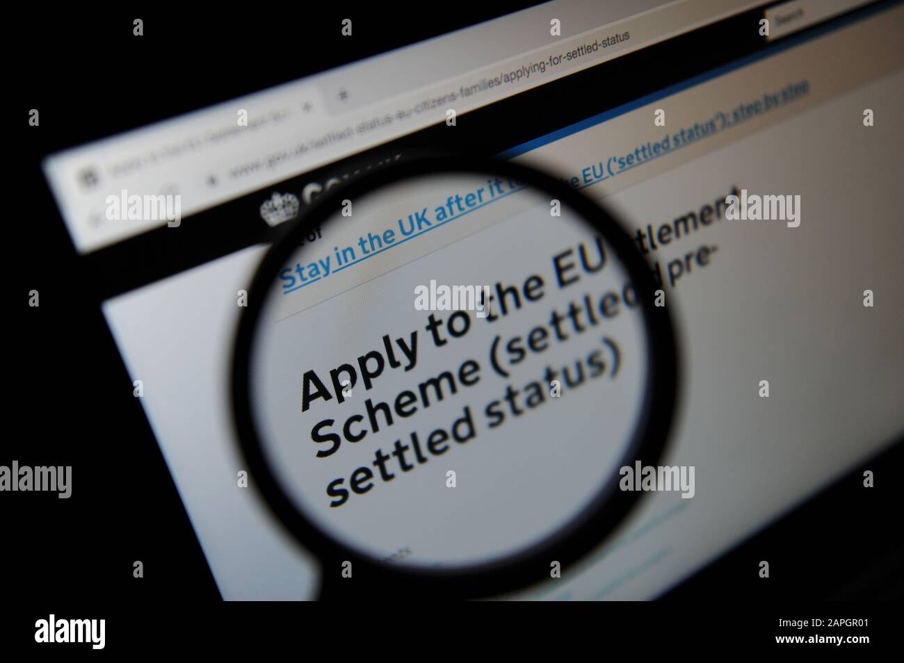 Advice on Applying to the EU Settlement Scheme seen through a magnifying glass on the UK government website Stock Photo