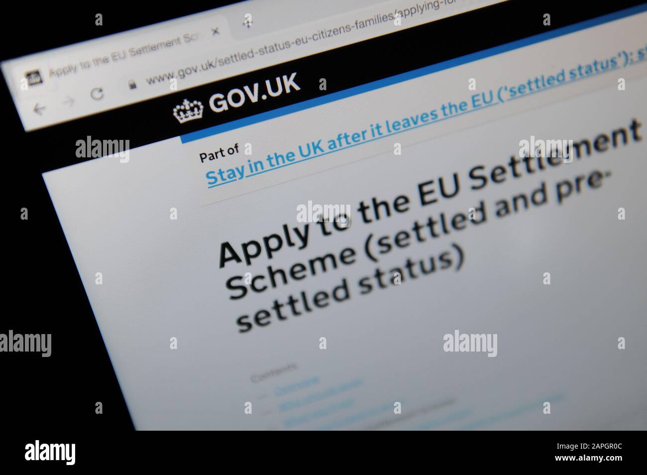 Advice on Applying to the EU Settlement Scheme seen through a magnifying glass on the UK government website Stock Photo