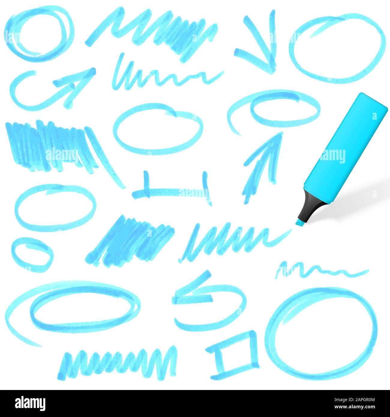 blue colored highlighter with different hand drawn markings Stock Vector