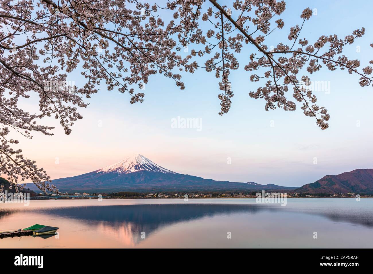 Mt. Fuji, Japan on Lake Kawaguchi during spring season. Stock Photo