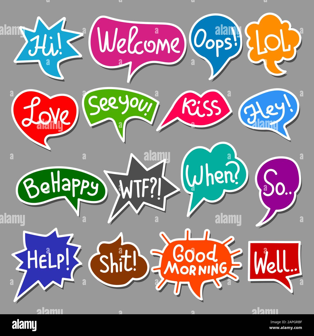 set of colorful bubbles speech stickers with short message, phrases and