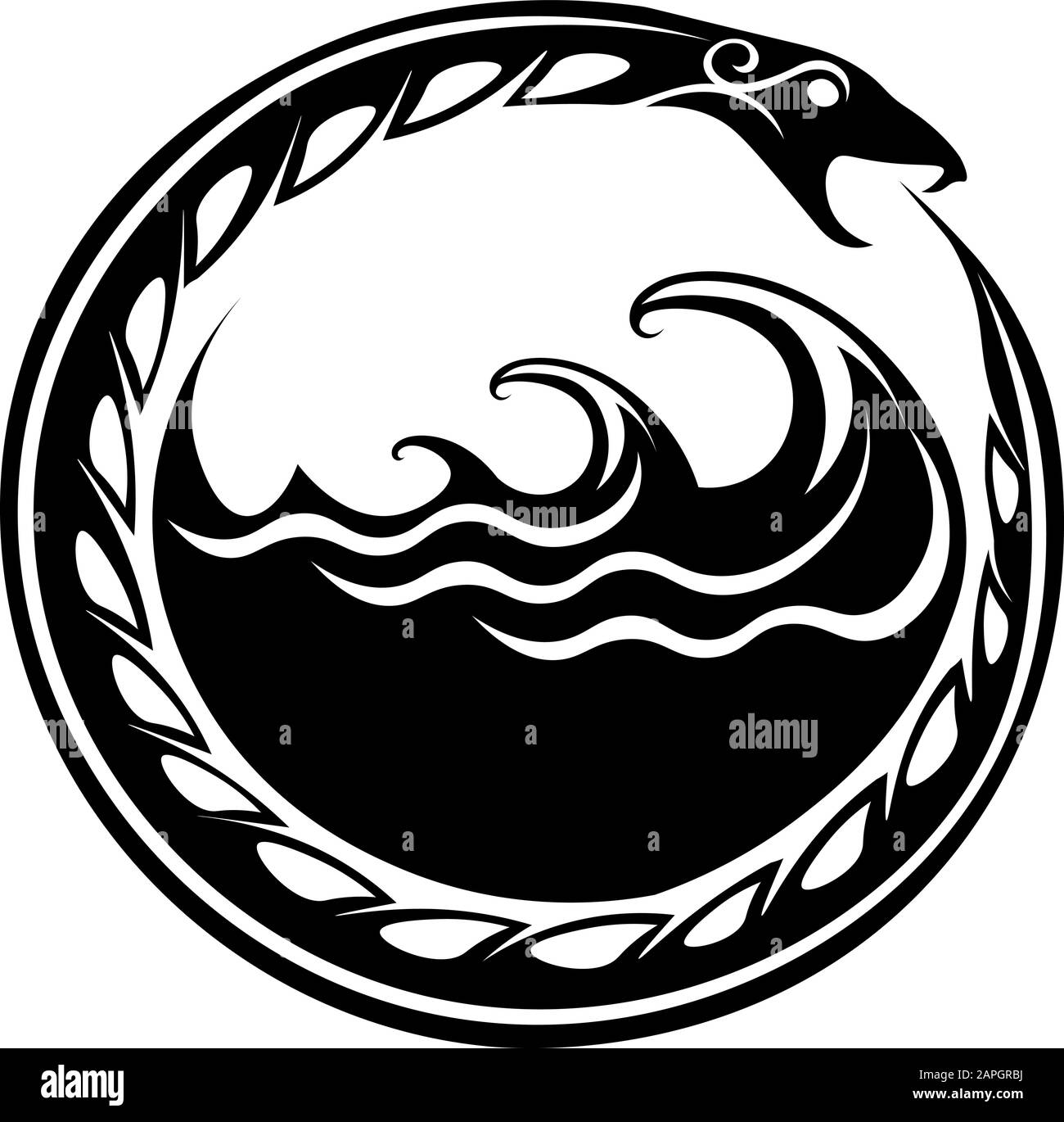 Occult symbol ouroboros in the water in old scandinavian style Stock Vector