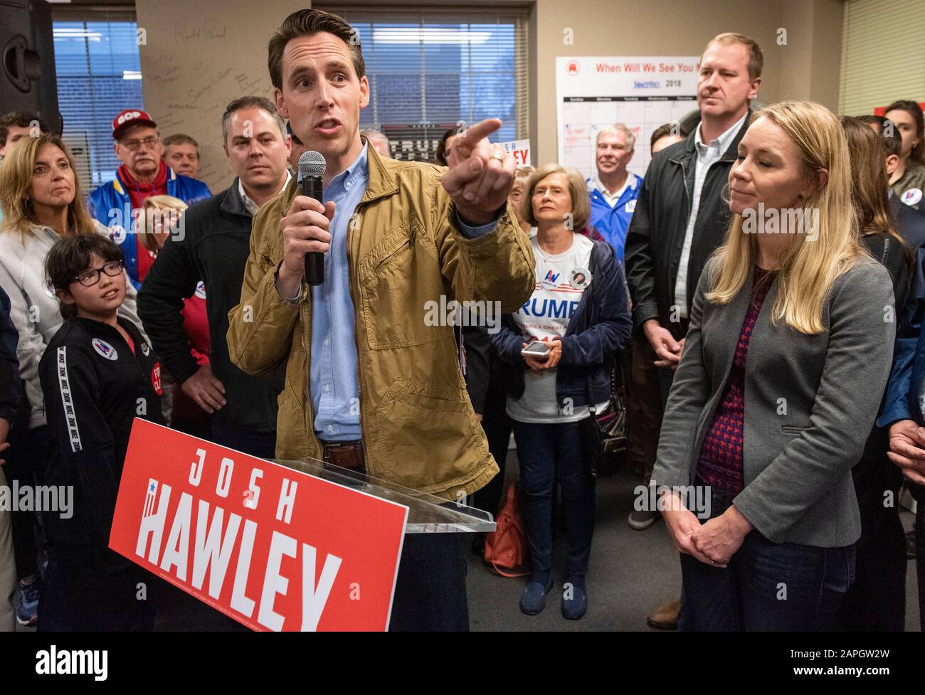 US Senate candidate Josh Hawley campaigns during his successful run for office near St. Louis, MO, USA Monday, Nov. 5, 2018. Stock Photo