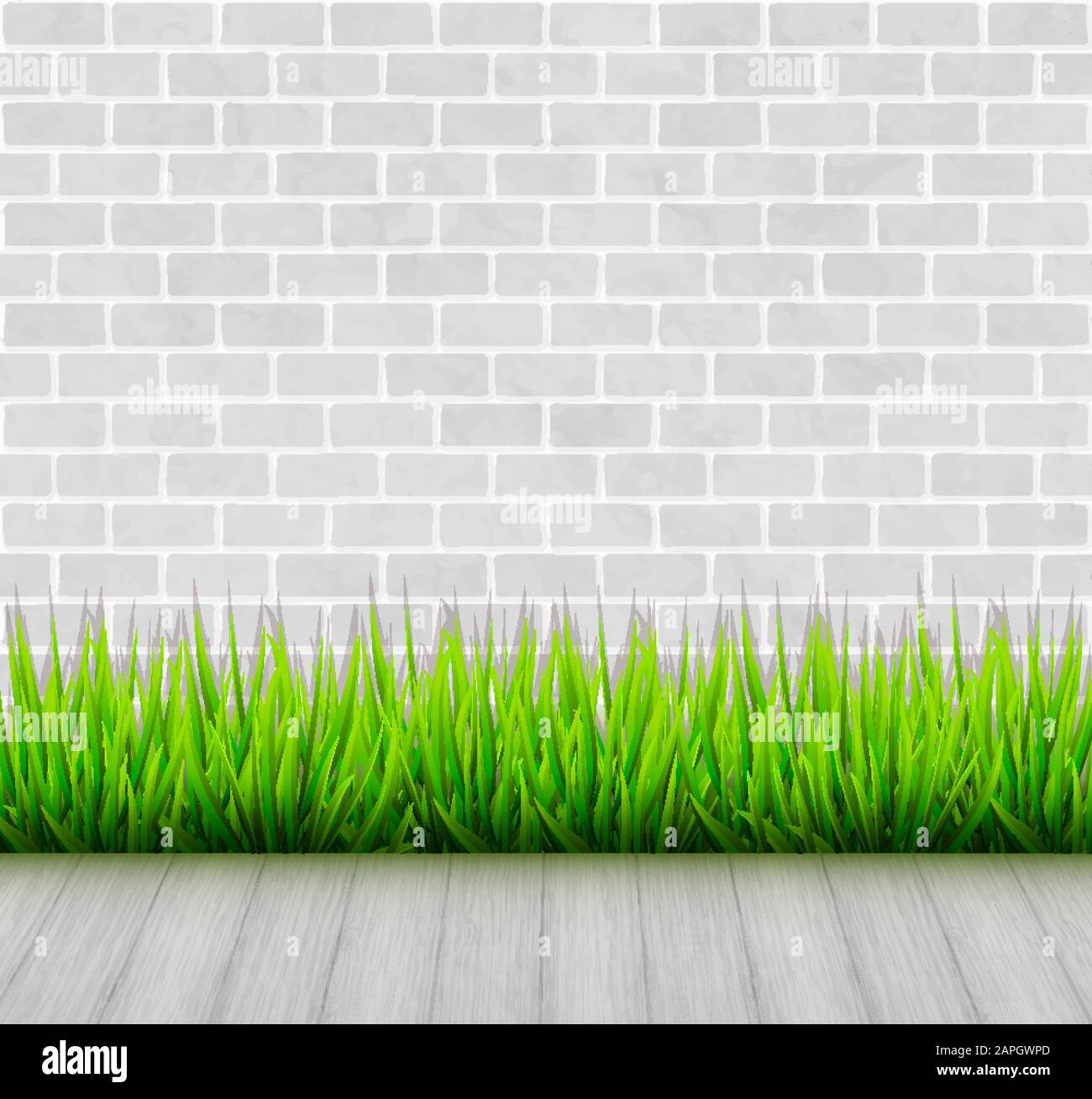Brick wall with green grass and wooden floor vector background Stock Vector