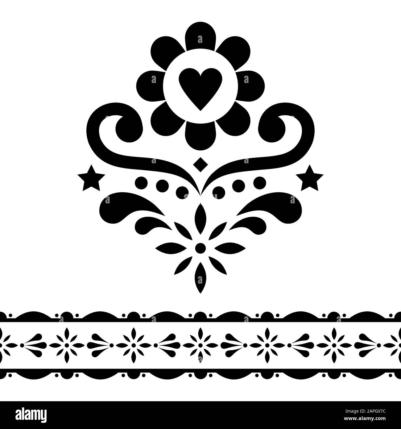 Scandinavian folk art vector design set - single patterns collection, cute floral ornament with flowers in black on white background Stock Vector