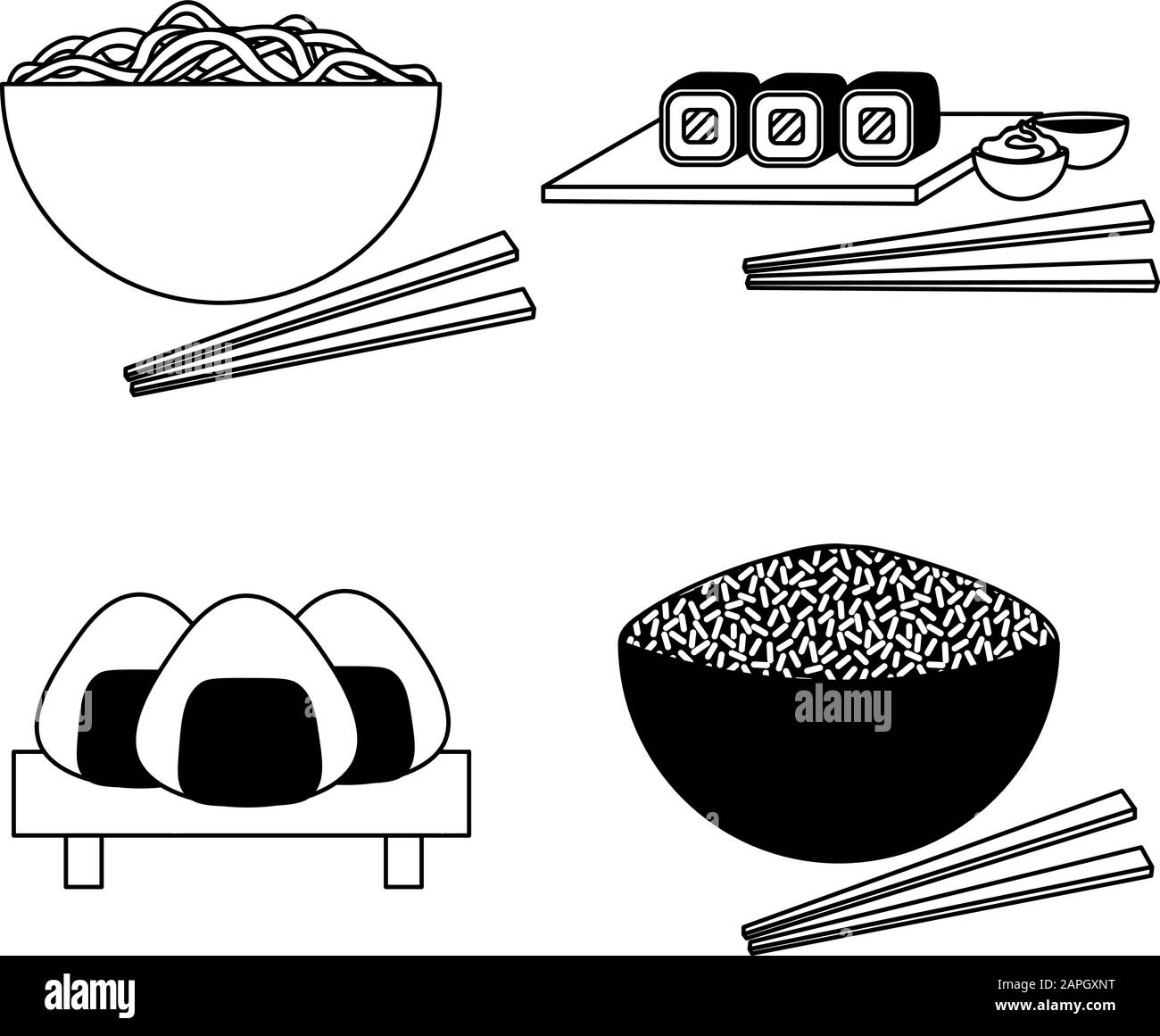 Black And White Illustrations Of Japanese Cuisine With Dishes And black-and-white-illustrations-of-japanese-cuisine-with-dishes-and