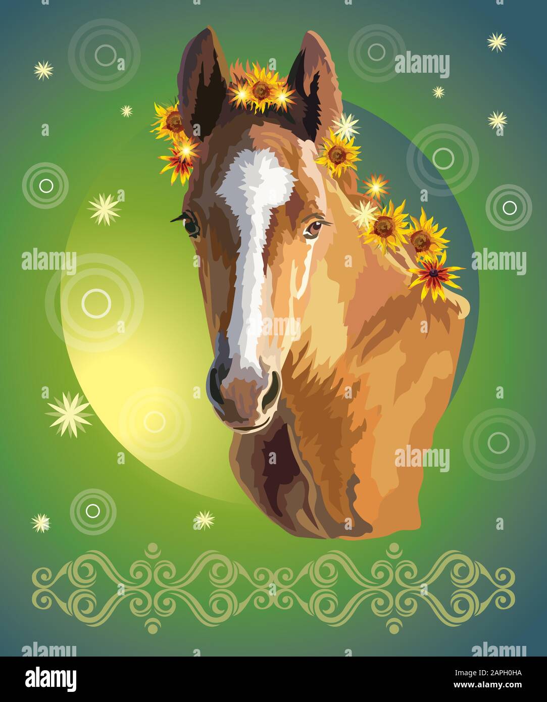 Funny foal, vector colorful realistic illustration. Portrait of bay little horse with sunflowers in mane isolated on green gradient background. Image Stock Vector